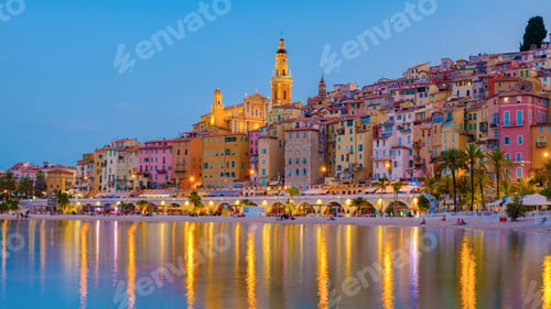 Preview: View on old part of Menton, Provence-Alpes-Cote d'Azur, France Europe during summer evening