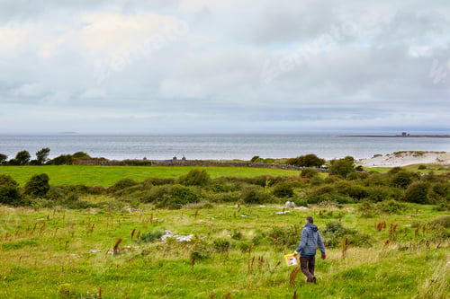 Preview: A solitary figure walks through a lush coastal landscape under a cloudfilled sky.