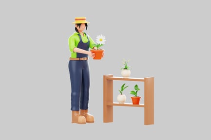 Предпросмотр: Мультипликационный садовник с растениями и подставкой