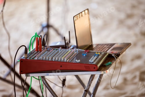 Preview: Mixing console, stage sound mixer at beach party, sound engineering audio mixing console desk
