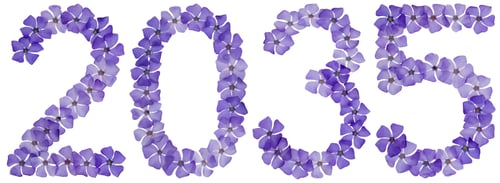 Preview: Inscription 2035, from natural blue flowers of periwinkle, isolated on white background