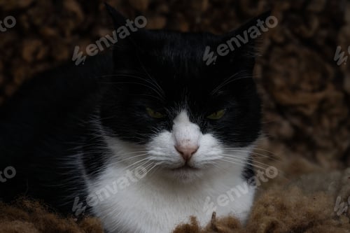Preview: Closeup shot of a cat with black and white fur sitting on a brown surface