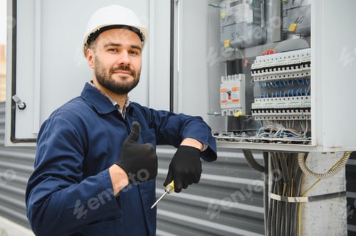 Preview: A male electrician works in a switchboard
