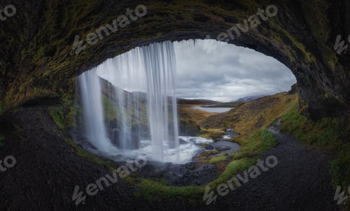 Preview: Beautiful view from a cave of a waterfall and cloudy gray sky in Iceland
