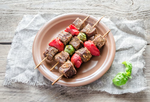 Preview: Grilled beef skewers with pepper and brussels