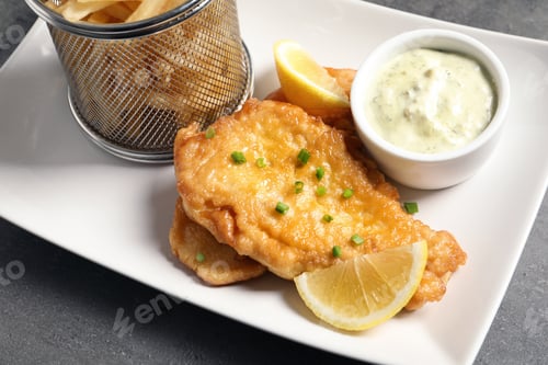 Preview: Plate with British traditional fish and potato chips on grey table