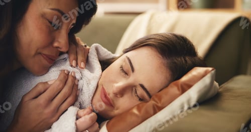 Preview: Sofa, mother and daughter with blanket for sleeping, comfort and parent for security in living room