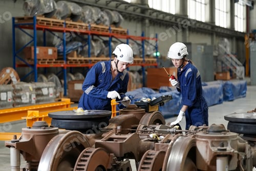 Preview: Engineers inspecting locomotive in railway engineering facility