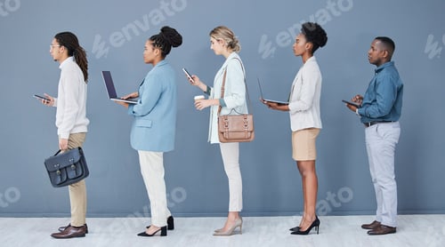 Preview: Business people, diversity and job interview waiting in queue, recruitment line or hr technology ro
