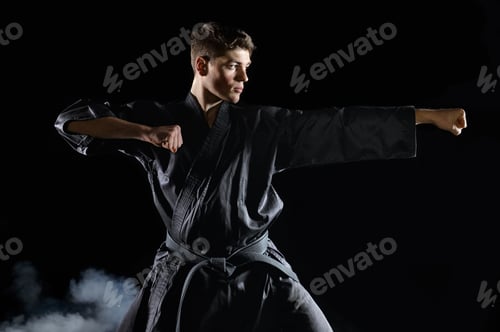 Preview: Male karate fighter in black kimono, combat stance