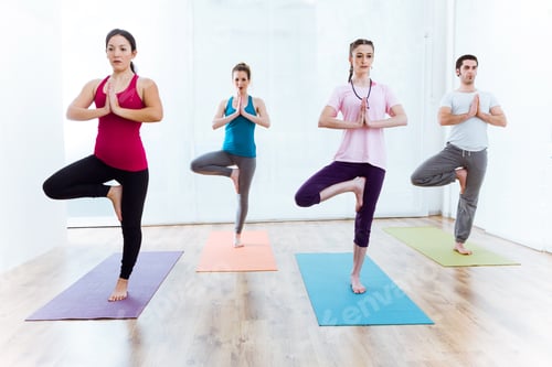 Preview: Group of people practicing yoga at home. Vrksasana pose.