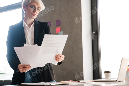 Preview: White-haired focused woman working with papers and laptop in office