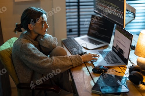 Preview: Tired woman working on laptop at home during night time
