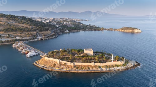 Preview: Aerial view of Guvercinada Island (Pigeon Island) with scenic castle at Kusadasi, Turkey.