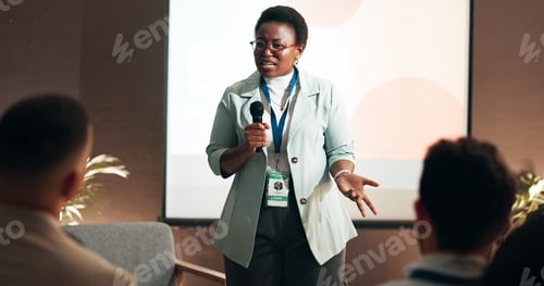 Preview: Business woman, education and training for speaker in seminar room for wellness presentation. Confe