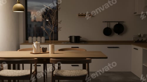Preview: Modern and comfortable home dining room and kitchen cooking space interior design