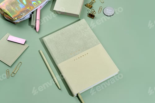 Preview: Elegant lightgreen weekly planner with stationery, sticky notes, perfect for notes and sketches