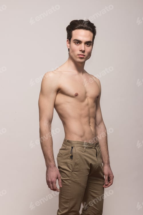 Preview: One Young Adult Man Model Shirtless Body Posing Pants, White Background
