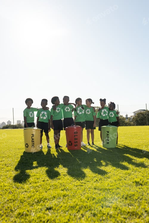 Preview: Happy diverse children collecting recycling embracing in sunny elementary school field, copy space