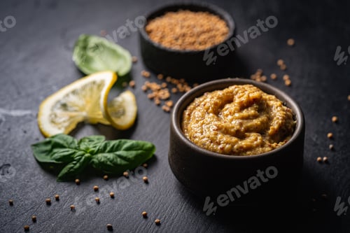 Preview: Fresh homemade organic dijon mustard in a bowl on black background, close up