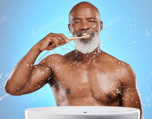 Preview: Dental, brushing teeth and black man with toothbrush for teeth, cleaning with toothpaste for fresh