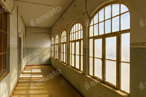 Preview: Inside shot of an old abandoned building with weathered doors and windows