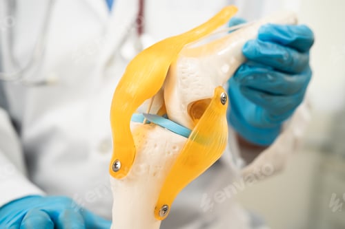 Preview: Osteoarthritis of the knee, Doctor holding human knee joint orthopedic anatomy model in hospital.