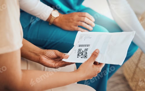 Preview: Delivery, healthcare and woman with a nurse for a consultation, support and package at a nursing ho