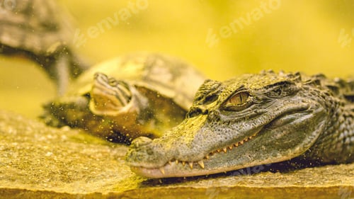 Preview: Scary crocodile resting near turtle in enclosure