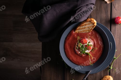 Preview: Tomato soup in a blue bowl with toast bread on a wooden table