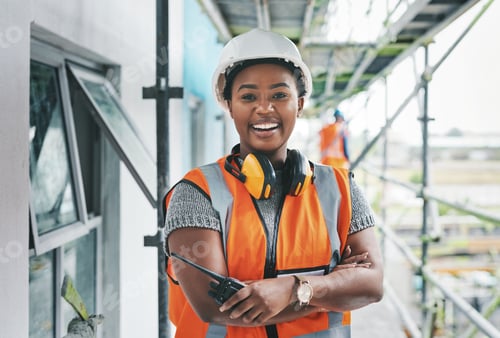 Preview: Portrait of a young woman working at a construction site