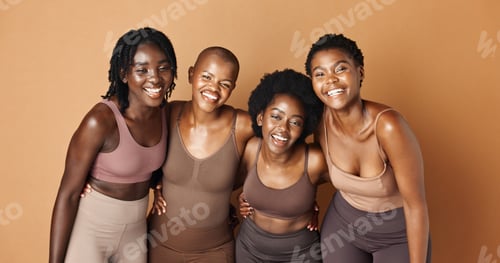 Preview: Laughing, face or African models with skincare, glowing skin or results isolated on brown backgroun