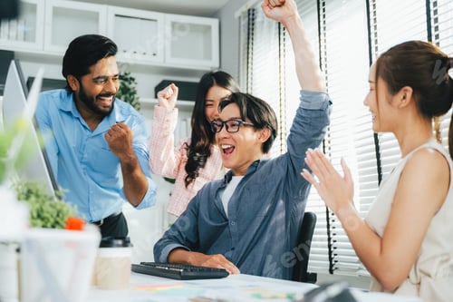 Preview: Happy group of business people working together at modern office, Business team meeting and