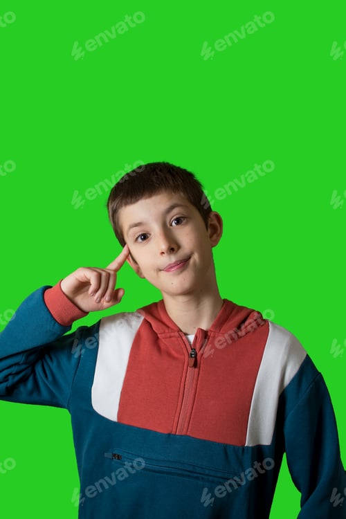 Preview: Photo of smart clever minded small boy wearing coloured sweatshirt look empty space isolated