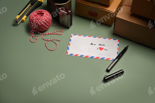 Preview: Greeting card, cardboard boxes, correspondence envelope, tape and clews of rope on green background.