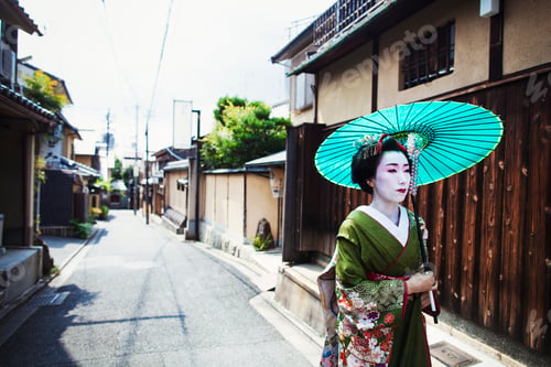 Preview: A woman dressed in the traditional geisha style, holding a paper parasol walking along a street.