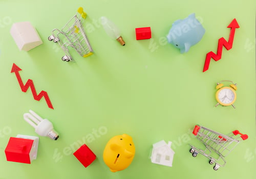 Preview: Living cost increase in 2023 flat lay. Shopping cart utilities bills on green background.