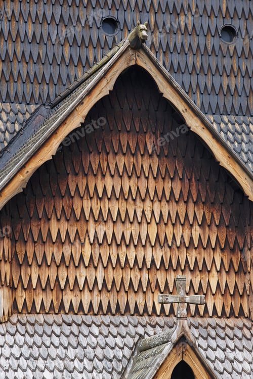 Preview: Norwegian stave church detail. Heddal. Historic building. Norway tourism. Horizontal