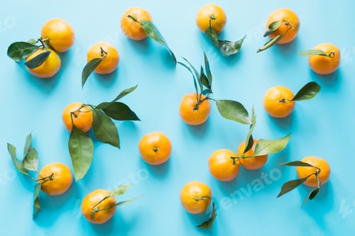 Preview: Fresh mandarin isolated on blue punchy pastel. Top view. Fruits pattern.