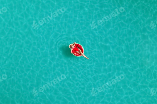Preview: Young happy woman with inflatable ring in swimming pool, top view. Summer vacation