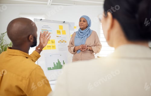 Preview: Woman, coaching and whiteboard with question in presentation, team strategy or meeting at office. C