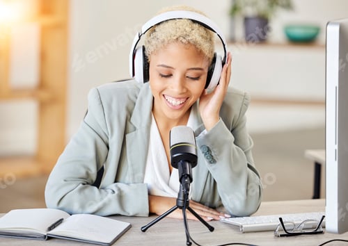 Preview: Podcast, computer and microphone black woman with broadcast, news update or live streaming music in