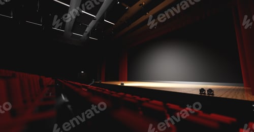Preview: Theatre with empty stage in spotlight. Red theater curtain and seats