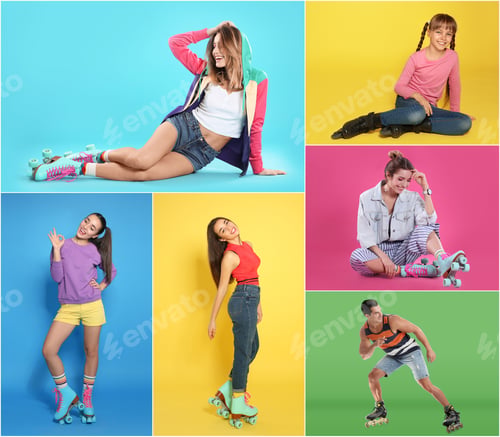 Preview: Photos of people with roller skates on different color backgrounds, collage design