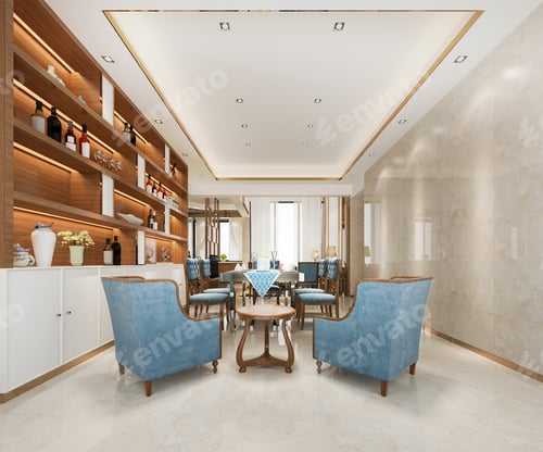 Preview: 3d rendering loft luxury living room and working room with decor shelf