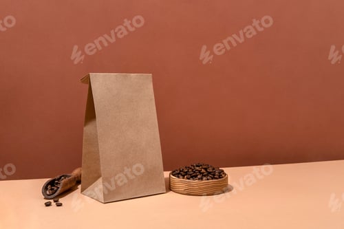 Preview: Coffee identity branding mockup. Blank brown craft bag with coffee beans and cup of coffee.
