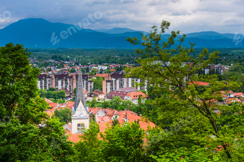 Preview: View from Ljubljana Castle over Ljubljana Old Town, looking out over The Church of St James, Ljublja
