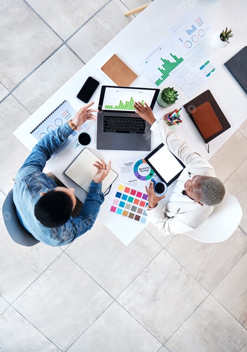 Preview: Finance, meeting and above business people with laptop in office and graph, chart or budget analysi