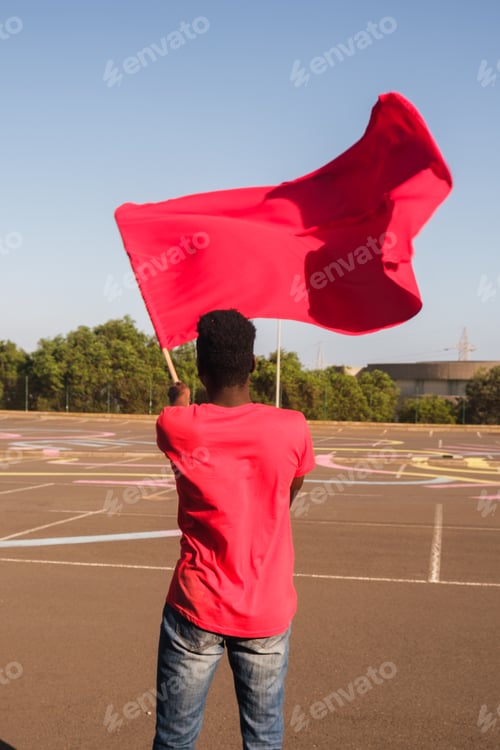 Preview: Young fan from behind waving the flag of his team and cheering unconditionally