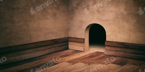 Preview: Mouse house hole on plastered wall, wooden floor and skirting, copy space. 3d illustration